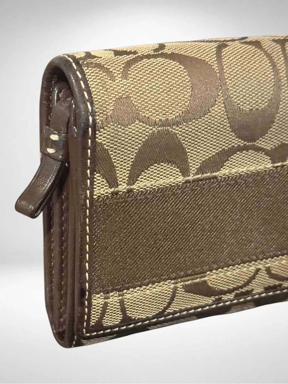 COACH Poppy Legacy Stripe Signature Bifold Wallet Khaki Brown Jacquard